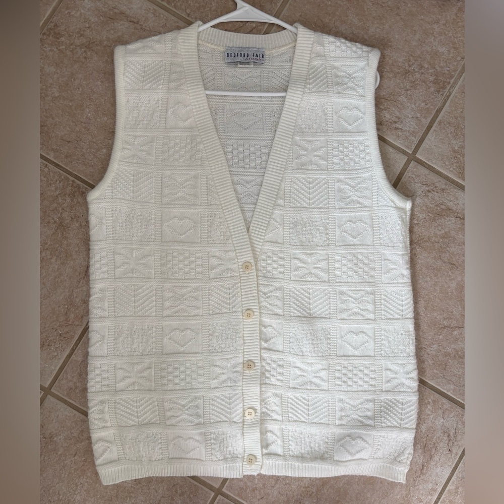 vintage Bedford Fair cream knit men’s cardigan textured sweater vest Small